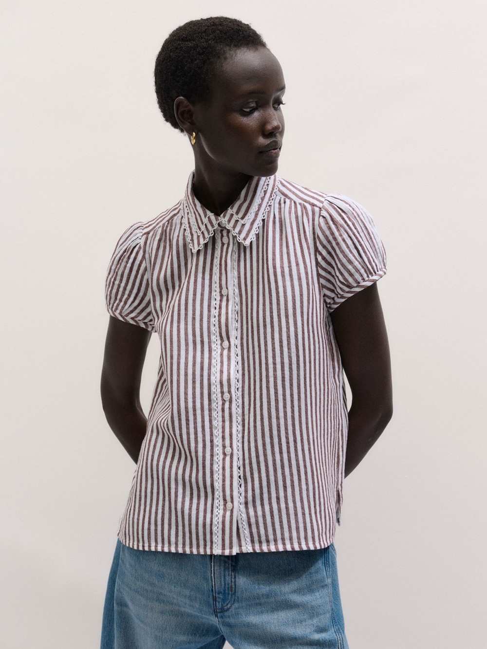ME+EM Women's Cheesecloth Stripe Cap-Sleeve Blouse Soft-Pecan US 6 NWT